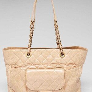 Chanel Beige Quilted Glazed Leather Front Pocket Large Tote Bag
